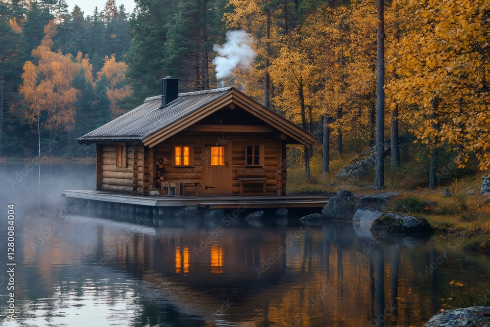 Cozy wooden cabin reflecting on a calm lake in autumn forest at dawn Cozy wooden cabin reflecting on a calm lake in autumn forest at dawn