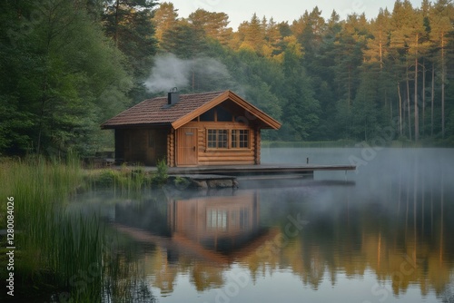 Fototapeta Naklejka Na Ścianę i Meble -  Wooden sauna cabin on a lake with smoking chimney reflecting in calm water during sunrise