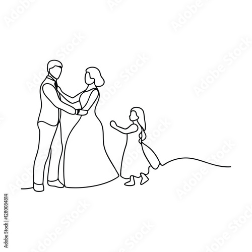 Happy Family Wedding Couple, Child, Dress, Love, Celebration, Unity, OneLine Art, Minimalist, Simple