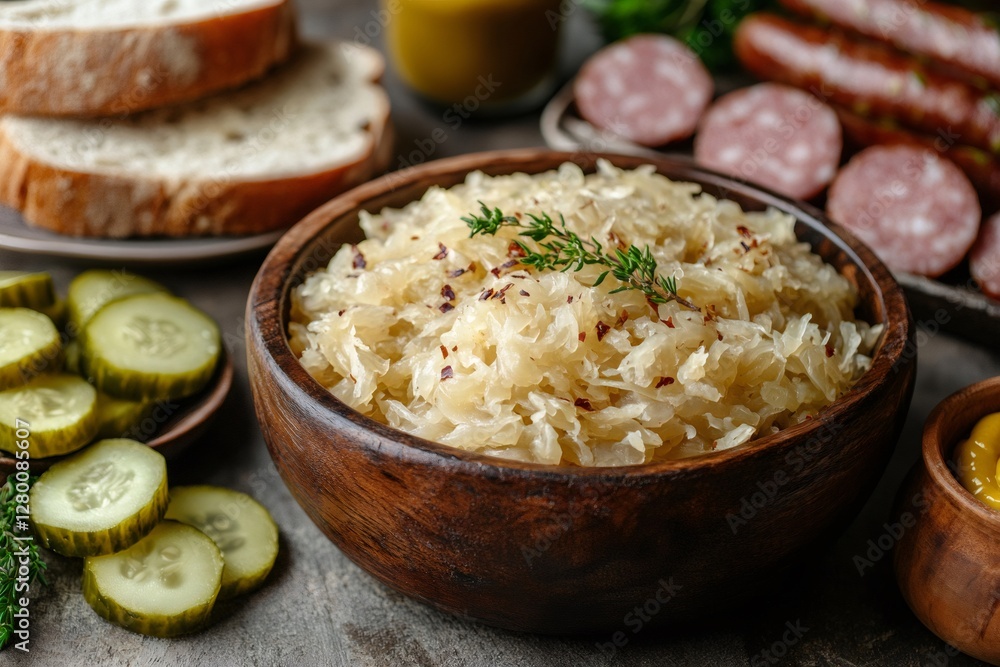Sauerkraut with thyme and spices served with bread, cucumbers, sausages and mustard Sauerkraut with thyme and spices served with bread, cucumbers, sausages and mustard