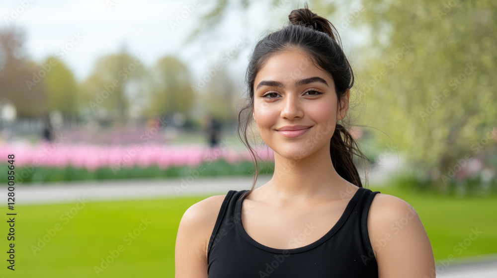 Pakistani woman in black t-shirt smiling enjoy vacation trip at tulip garden Pakistani woman in black t-shirt smiling enjoy vacation trip at tulip garden