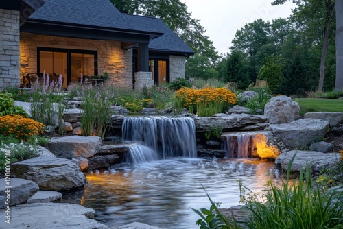 Fototapeta Naklejka Na Ścianę i Meble -  Illuminated waterfall cascading into a pond in a landscaped backyard at dusk
