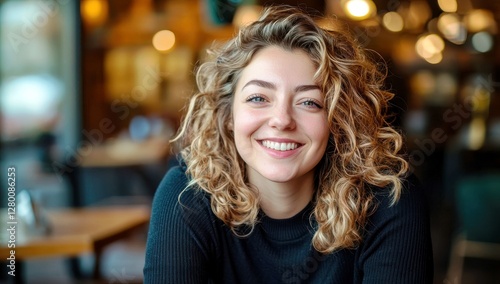Wallpaper Mural Cheerful Young Woman with Curly Hair Smiling Brightly in a Cozy Cafe Setting, Captured with Soft Lighting and a Warm Atmosphere Torontodigital.ca