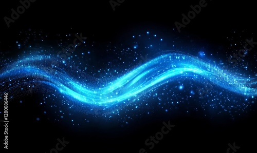 Abstract blue glowing binary code background with bokeh lights and a digital matrix pattern. 