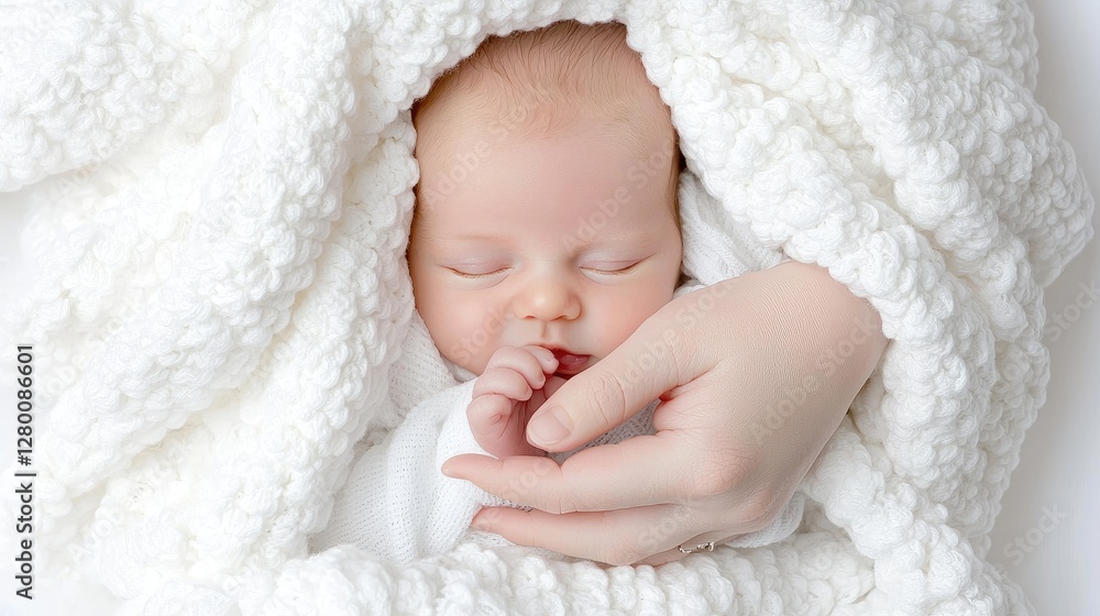 Newborn baby sleeping peacefully in a soft blanket, hand gently caressing, for baby product ads Newborn baby sleeping peacefully in a soft blanket, hand gently caressing, for baby product ads