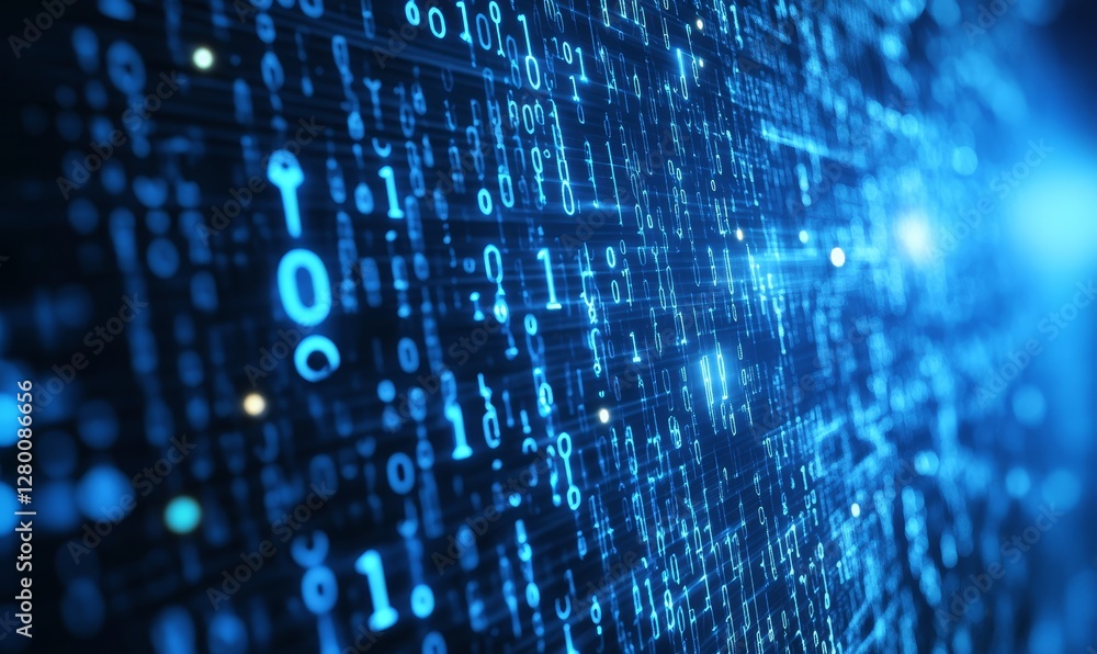 Abstract blue glowing binary code background with bokeh lights and a digital matrix pattern. Abstract blue glowing binary code background with bokeh lights and a digital matrix pattern.