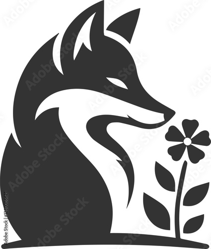 A fox sniffing a flower with a gentle expression vector