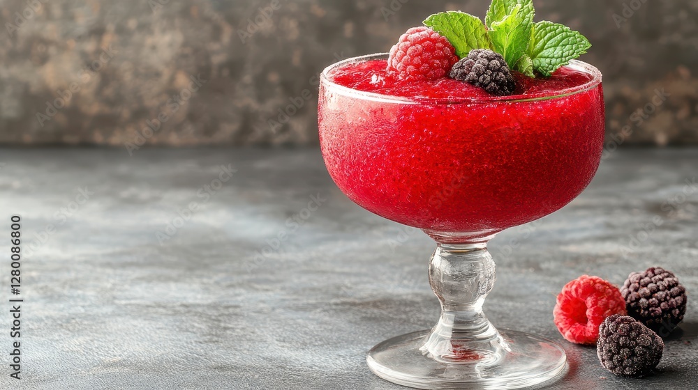 Vibrant Red Raspberry Dessert with Blackberries and Mint in Glass