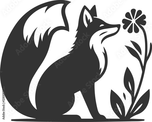 A fox sniffing a flower with a gentle expression vector