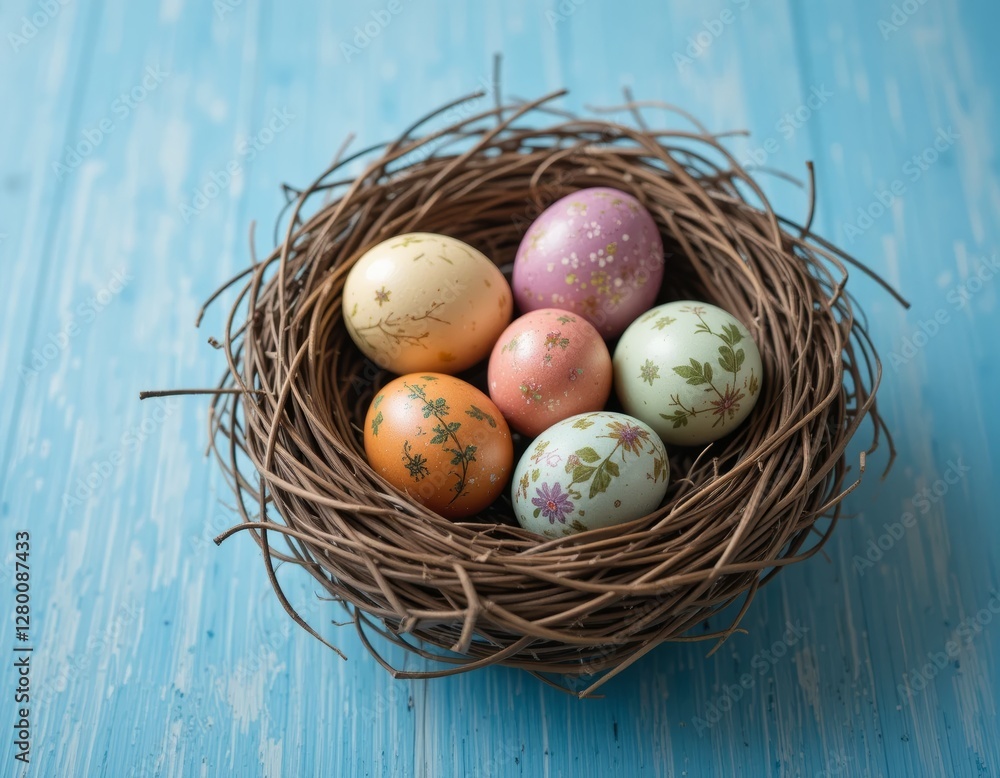 Colorful Easter Eggs Nestled in a Cozy Nest on a Solid Background Colorful Easter Eggs Nestled in a Cozy Nest on a Solid Background