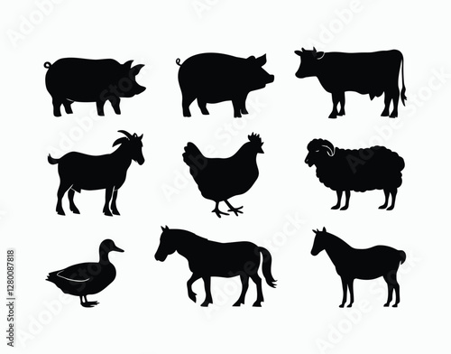 Simple and clear silhouettes of farm animals