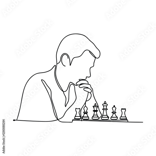 Strategic Chess Player Concentrating on Game, OneLine Drawing