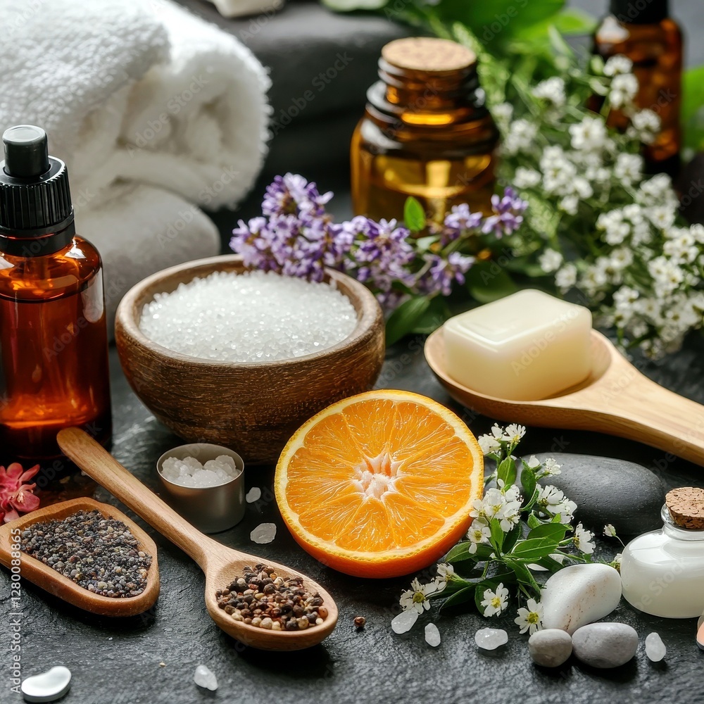 Aromatherapy Ingredients with Essential Oils, Natural Herbs, Spices, and Citrus on Dark Stone Background for Holistic Wellness and Spa Treatments Aromatherapy Ingredients with Essential Oils, Natural Herbs, Spices, and Citrus on Dark Stone Background for Holistic Wellness and Spa Treatments