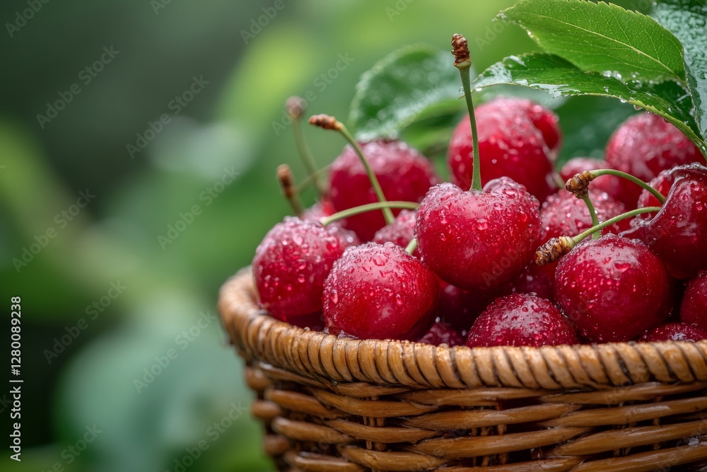 Fresh ripe cherries with water drops in wicker basket is waiting on the table Fresh ripe cherries with water drops in wicker basket is waiting on the table