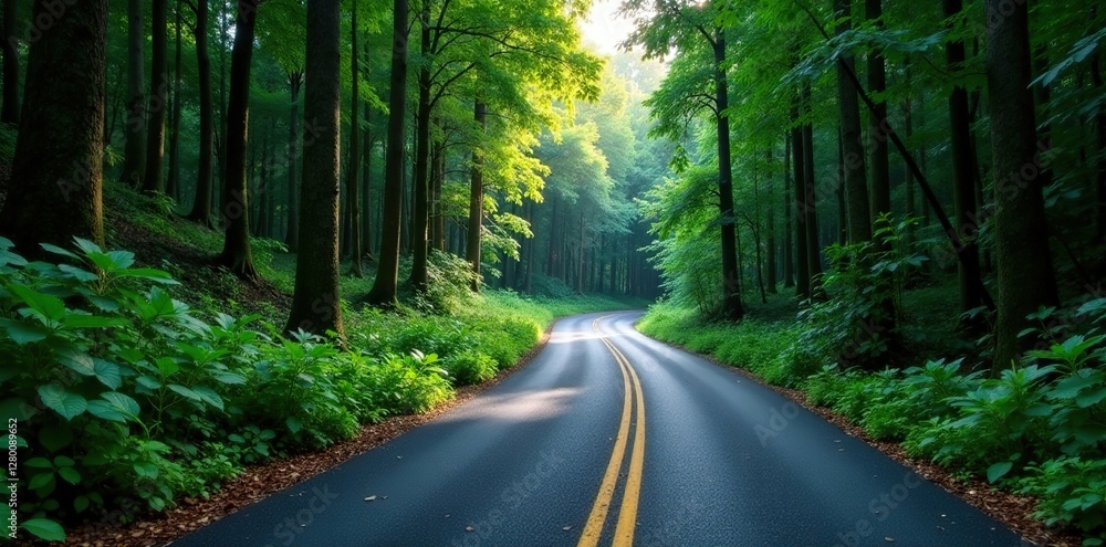 Obraz premium Winding asphalt road through dense tropical forest, zigzag road, vehicle track, dense forest