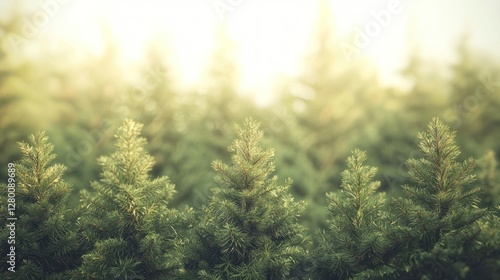 Sunlit evergreen trees in a lush forest.