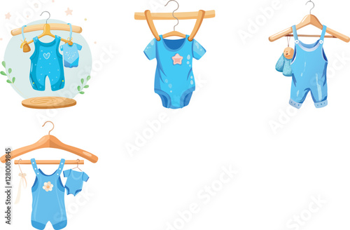 Baby shower party blue jumpsuit on a wooden hanger vector art set 