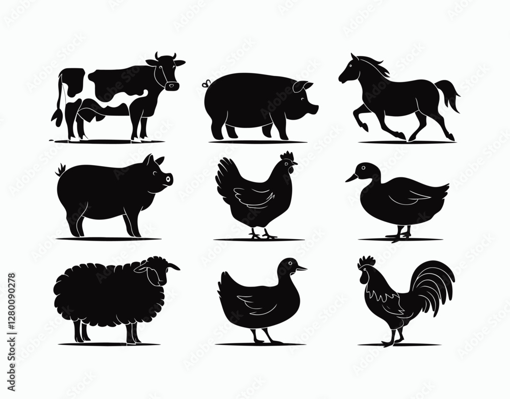 Fototapeta premium Vector Template Farm Animal Silhouette Set