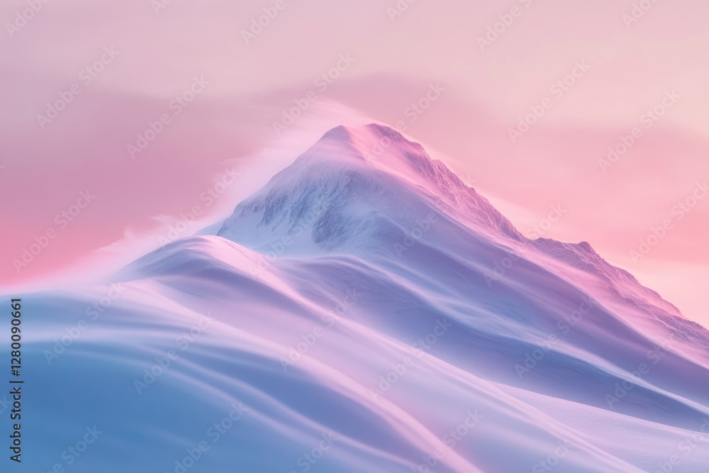 Serene snow-covered mountain peak bathed in the soft glow of a pastel sunrise or sunset. Serene snow-covered mountain peak bathed in the soft glow of a pastel sunrise or sunset.