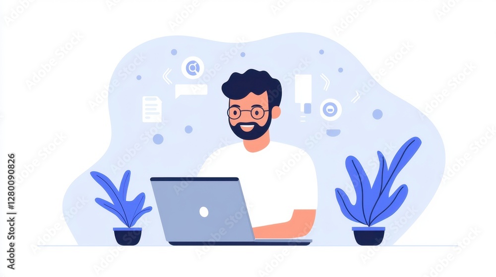 Friendly man working on laptop in modern home office surrounded by plants, showcasing remote work, productivity, and digital communication concepts Friendly man working on laptop in modern home office surrounded by plants, showcasing remote work, productivity, and digital communication concepts