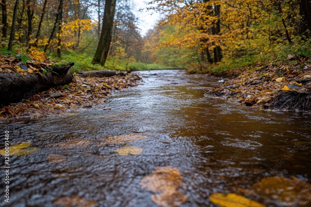 Autumn stream flows through forest, leaves fall on banks. Perfect for nature, tranquility, and fall themes. Autumn stream flows through forest, leaves fall on banks. Perfect for nature, tranquility, and fall themes.