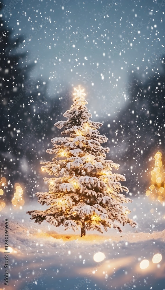 A snowy Christmas tree surrounded by softly glowing lights at night A snowy Christmas tree surrounded by softly glowing lights at night