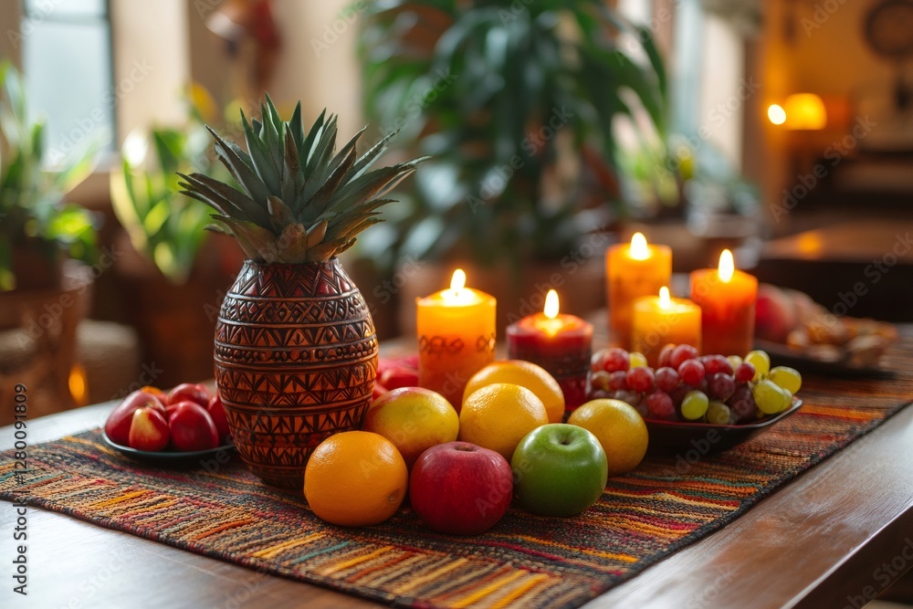 Burning candles illuminating pineapple centerpiece and fresh fruit on table Burning candles illuminating pineapple centerpiece and fresh fruit on table