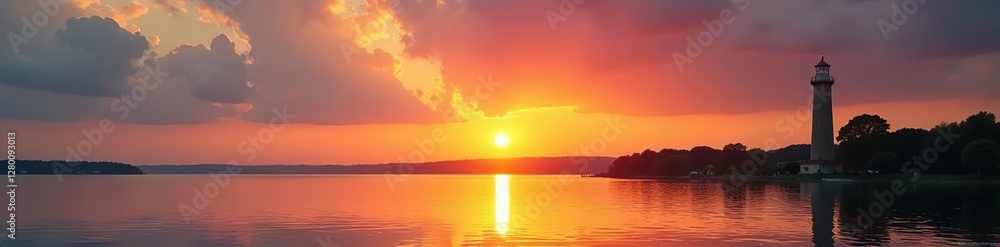 Fototapeta premium Sunset clouds casting a warm glow on longview water tower and lake's surface, lake, golden light