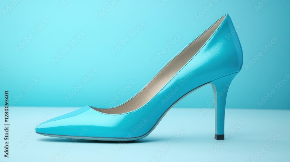 Stylish teal high-heeled pump shoe on a light teal background. Stylish teal high-heeled pump shoe on a light teal background.