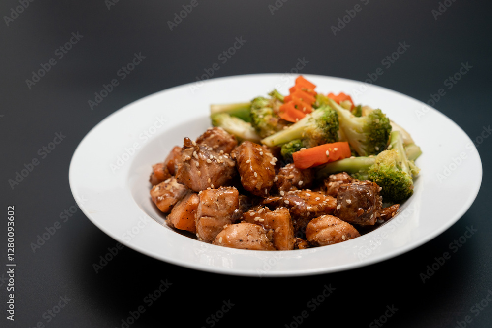 Teriyaki Salmon with Broccoli, Carrots and Roasted Sesame Seeds on black background Teriyaki Salmon with Broccoli, Carrots and Roasted Sesame Seeds on black background
