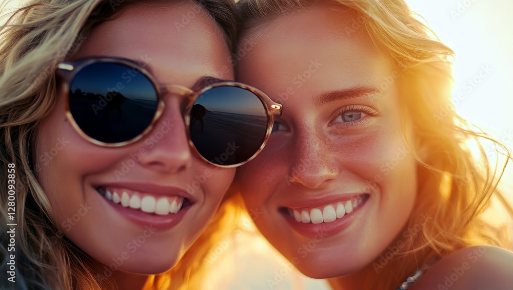 Joyful close-up portrait of two young women smiling together at sunset, showcasing friendship and happiness in a natural soft light setting. Joyful close-up portrait of two young women smiling together at sunset, showcasing friendship and happiness in a natural soft light setting.
