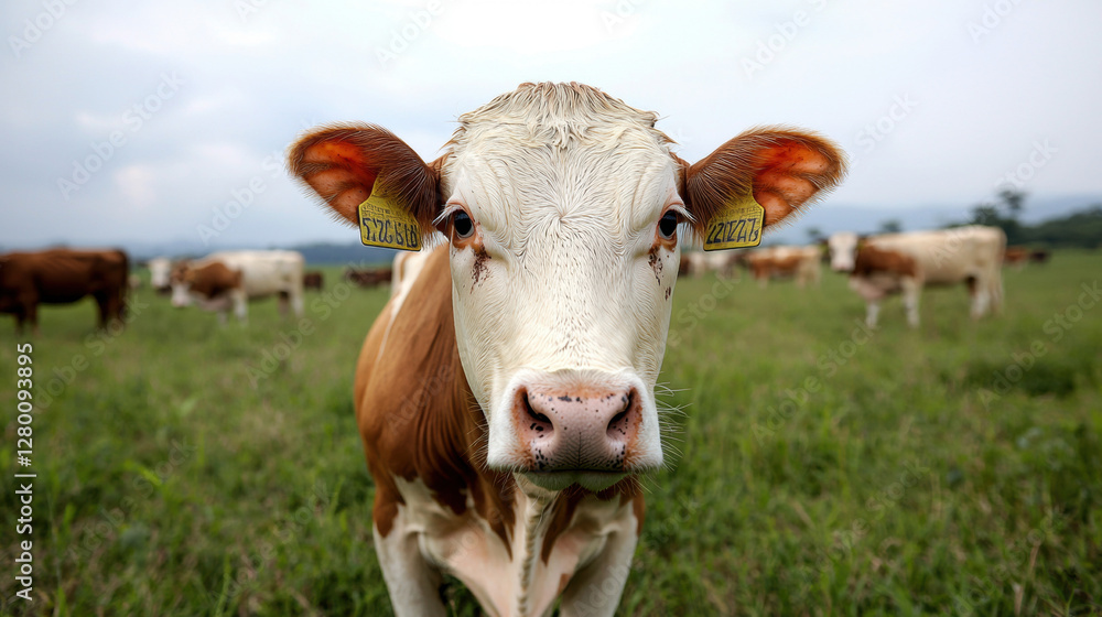 Environmental crisis. Cow in a green field with a herd in the background. Environmental crisis. Cow in a green field with a herd in the background.