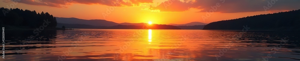 Obraz premium Sunset over a serene lake with gold textured foil ripples, nature scene, sunset