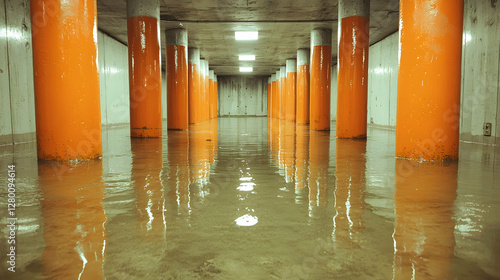 Flooded underground parking garage; water damage