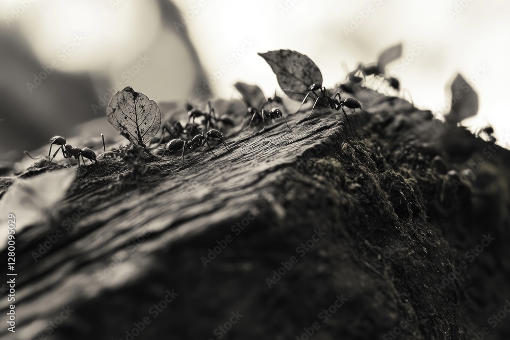A group of ants carrying leaf fragments on a decaying log, a monochrome scene. A group of ants carrying leaf fragments on a decaying log, a monochrome scene.