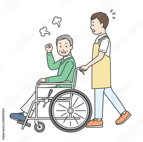 車椅子の高齢男性が介助をする若い男性に怒っている全身イラスト