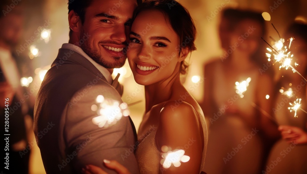 Joyful couple celebrating together with sparklers at a festive party, surrounded by friends in a magical warm light atmosphere Joyful couple celebrating together with sparklers at a festive party, surrounded by friends in a magical warm light atmosphere