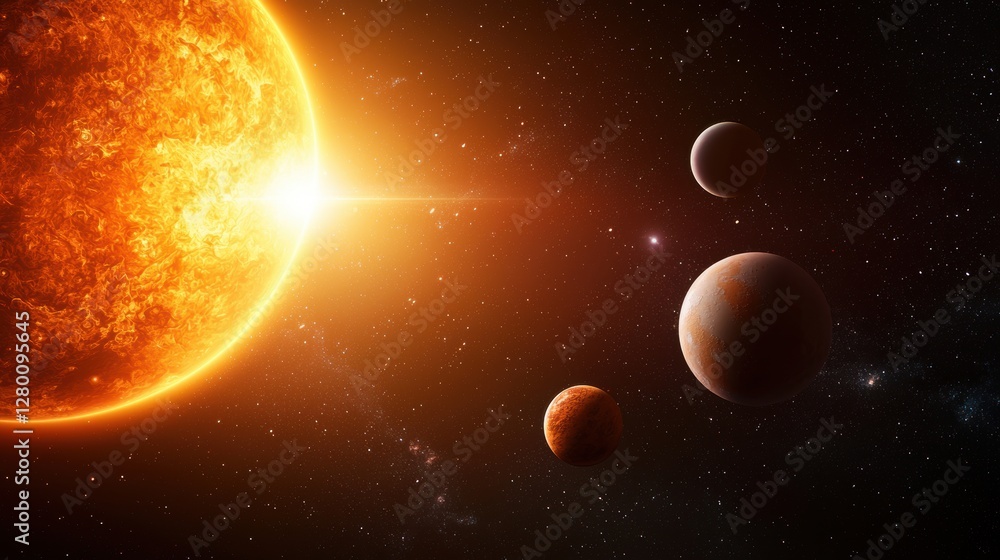 Fototapeta premium A vibrant depiction of a sun illuminating several planets in a cosmic space, showcasing the beauty of the solar system.