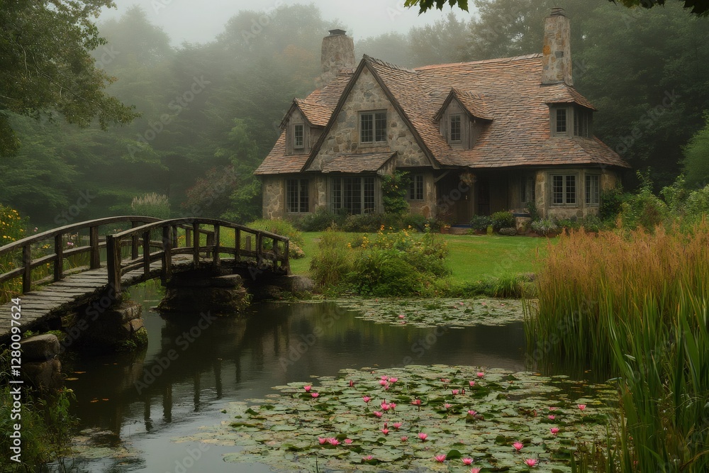 Charming stone house with wooden bridge over pond with water lilies in foggy forest Charming stone house with wooden bridge over pond with water lilies in foggy forest