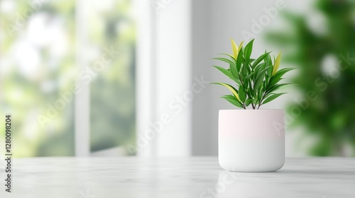 Indoor plant in pot on marble table, bright window background, home decor