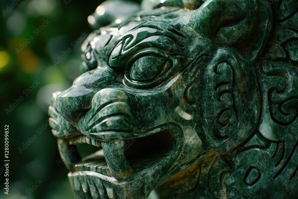 Close-up of a meticulously carved jade lion statue, showcasing intricate details and a deep green hue. Close-up of a meticulously carved jade lion statue, showcasing intricate details and a deep green hue.