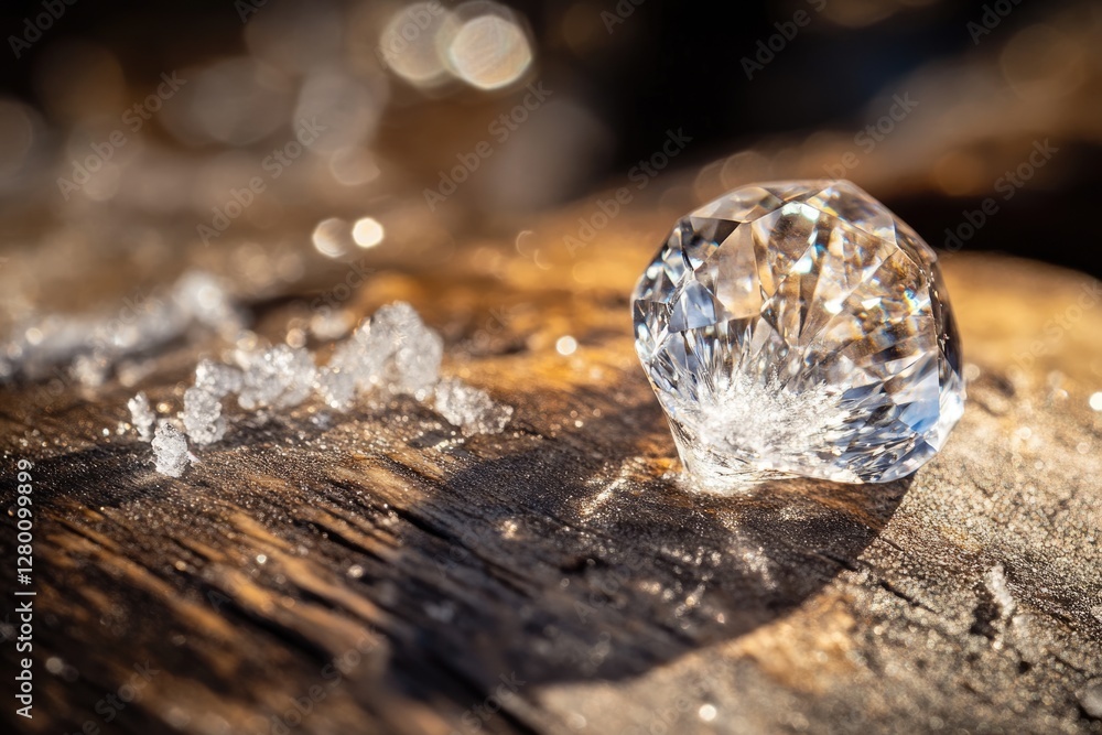 A sparkling crystal rests on a sunlit, frost-covered wooden surface. A sparkling crystal rests on a sunlit, frost-covered wooden surface.