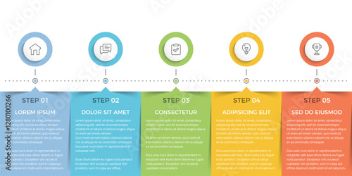 Row of five rectangular elements for your text and circles for your icons, five steps of a process or workflow, infographic template, vector eps10 illustration