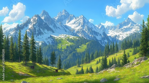 Majestic snowy mountains backdrop with lush green meadows and pine forests a serene natural panorama for travel and outdoor adventures
