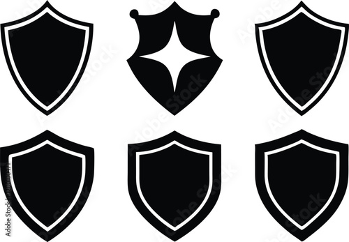 Shield icon set in vintage style. Protect shield security icon set. Shield badge quality symbol