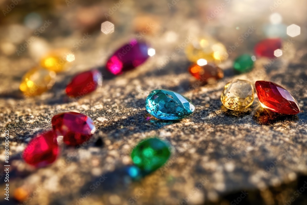 Vibrant gemstones scattered on a dark surface, showcasing their brilliance and diverse colors. Vibrant gemstones scattered on a dark surface, showcasing their brilliance and diverse colors.