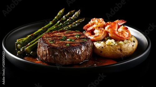 Gourmet Steak Dinner: Grilled Filet Mignon with Saut?ed Asparagus, Garlic Shrimp, and Potato