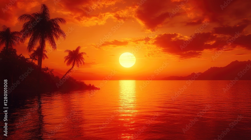 Tropical sunset beach palm trees ocean fiery sky Tropical sunset beach palm trees ocean fiery sky