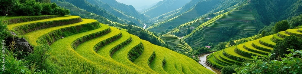 Terraced fields with crops and water features, plants, landscape, earthworks Terraced fields with crops and water features, plants, landscape, earthworks