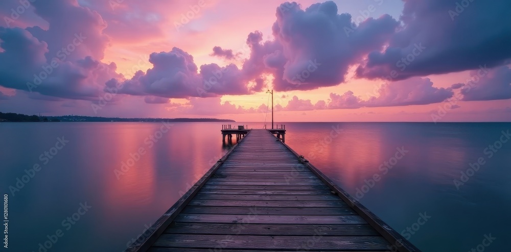Obraz premium Rustic wooden pier extends over serene dusk water, cloudy sky , sea, tranquil